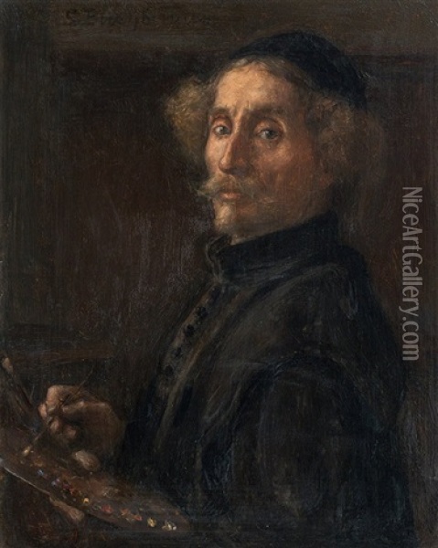 Painter With Palette (self-portrait ?) Oil Painting - Simeon Buchbinder