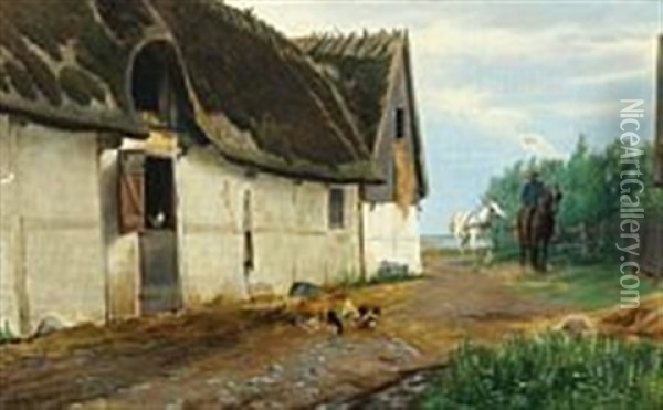 Farm Exterior With Farmer On His Horse Oil Painting - Simon Simonsen