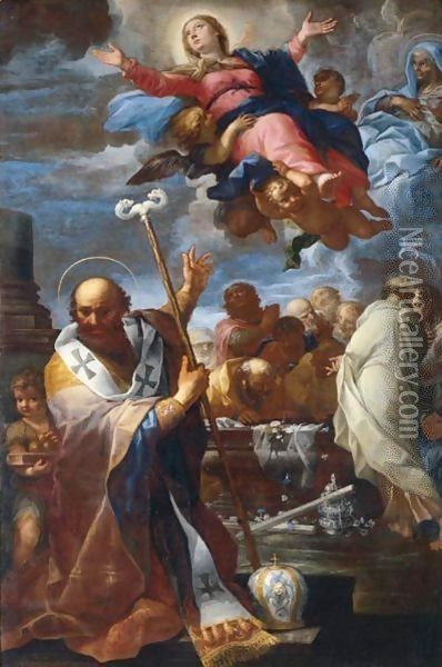 The Assumption Of The Virgin With Saints Nicholas Of Myra And Anne Oil Painting - Giovanni Battista Lenardi
