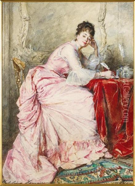 Jeune Femme A La Robe Rose Ecrivant. Oil Painting - Madeleine Jeanne Lemaire