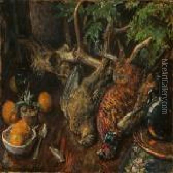 Still Life With Pheasants And Antlers Oil Painting - Viggo Johansen