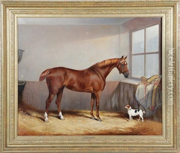 Chestnut Hunter And Dog In A Stable Oil Painting - Edward Lloyd