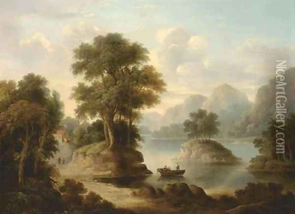 A wooded river landscape with figures in a boat Oil Painting - Alexander Nasmyth