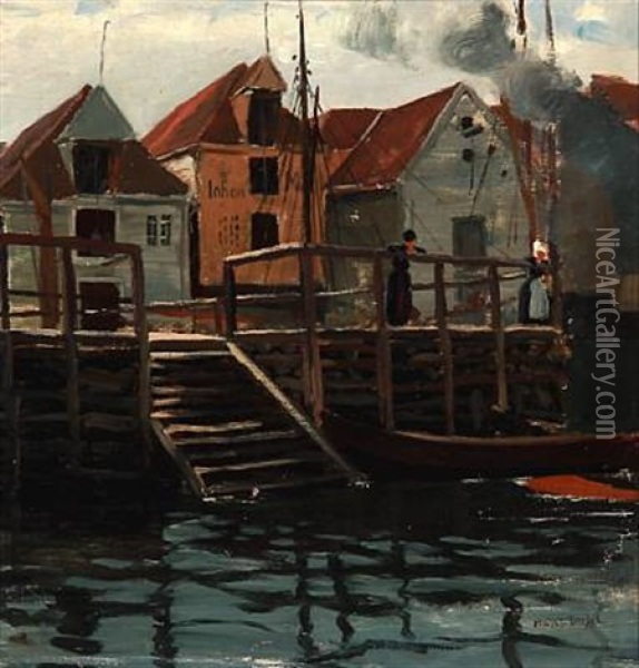 Two Women At Bergen Harbour, Norway Oil Painting - Hans Dahl