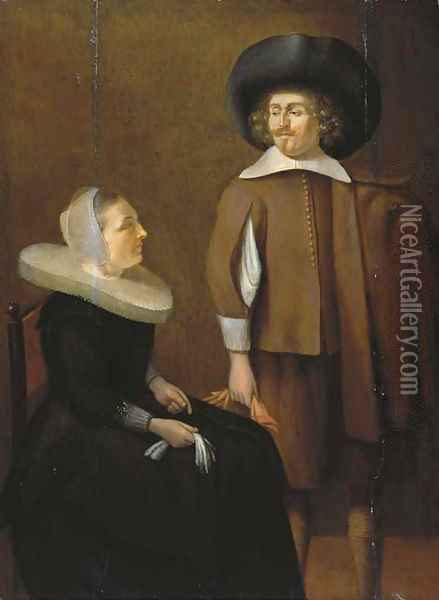 An elegant couple in an interior Oil Painting - Pieter Codde