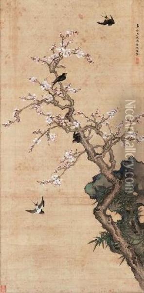 Peach Blossom And Returning Swallows Oil Painting - Shen Quan