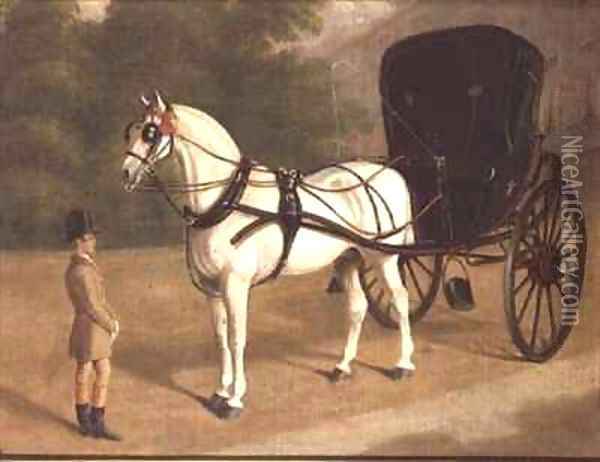 A Grey Horse and Cabriolet with Groom Oil Painting - E.M. Fox