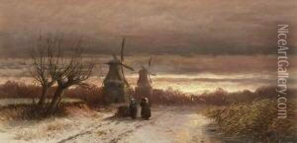 Hollandische Winterlandschaft Mit
 Reisigsammlerinnen Im Gesprach. Oil Painting - August Albert Zimmermann