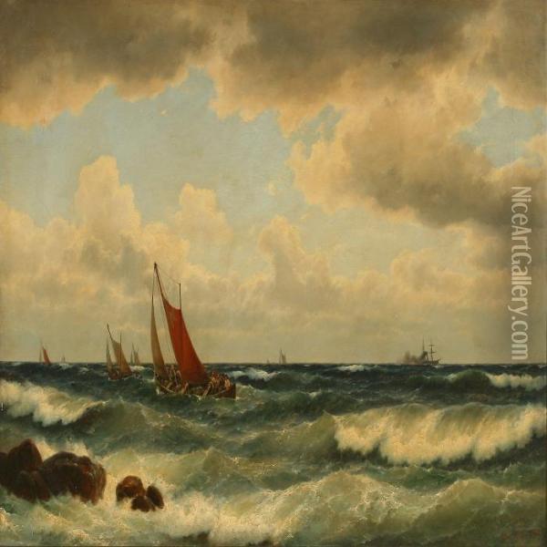 Fishing Boats In Rough Breakers Oil Painting - Carl Ludwig Bille
