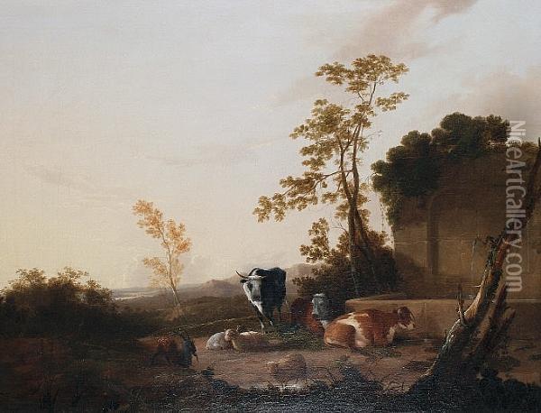 Cattle, Goats And Sheep At A Well Oil Painting - James Baker Pyne