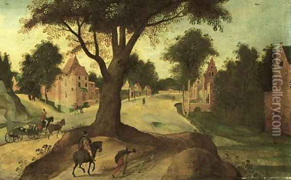 A Wooded Landscape With Travellers Entering A Town 2 Oil Painting - Abel Grimmer
