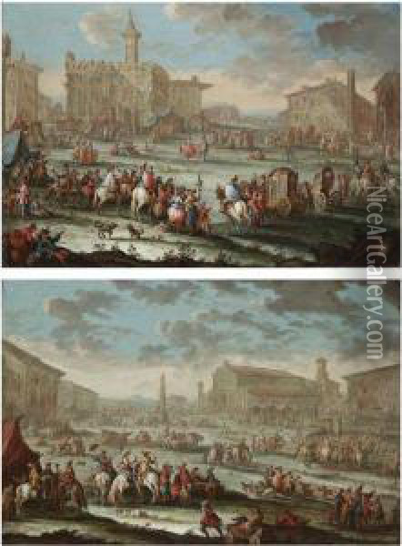 A Capriccio Of A Town With Elegant Figures Arriving On Horsebackand In Carriages Oil Painting - Gherardo Poli