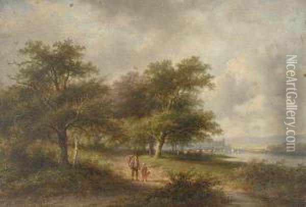 Figures Walking By A River. Oil Painting - Jan Evert Morel