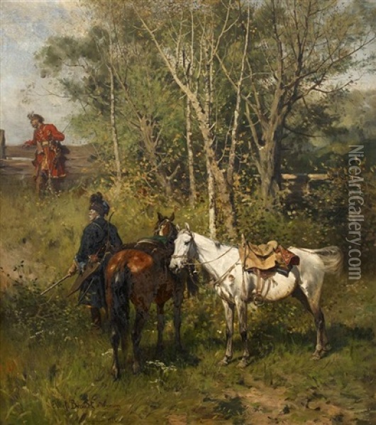 On The Lookout Oil Painting - Jozef Brandt