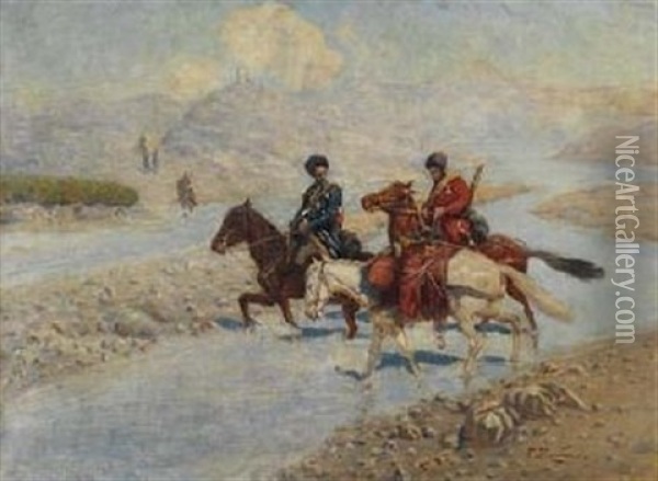 Kaukasische Reiter Am Fluss Oil Painting - Franz Roubaud
