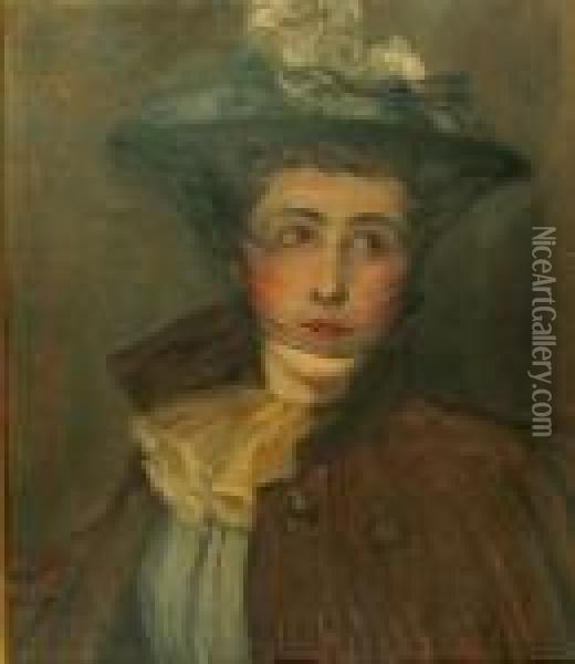 Shoulder Length Portrait Of A Lady Wearing A Veil And Brown Coat With Yellow Neck Scarf Oil Painting - Thomas Bromley Blacklock