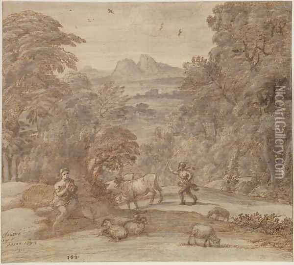 Landscape with Mercury and Apollo as a Shepherd, 1673 Oil Painting - Claude Lorrain (Gellee)