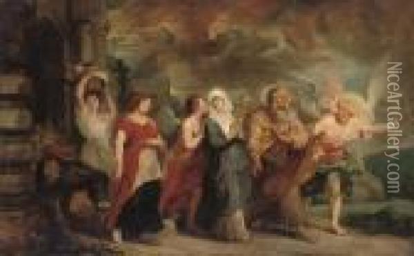 Lot And His Daughters Fleeing Sodom And Gomorrah Oil Painting - Peter Paul Rubens