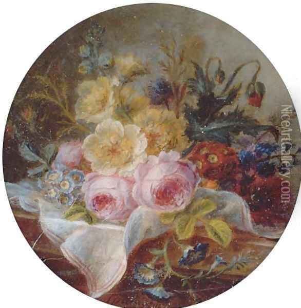 Cabbage rose, white rose, auriculas, hollyhock, opium poppy, hyacinths, marigold and small morning glory on a silk cloth on a marble ledge Oil Painting - Cornelis van Spaendonck