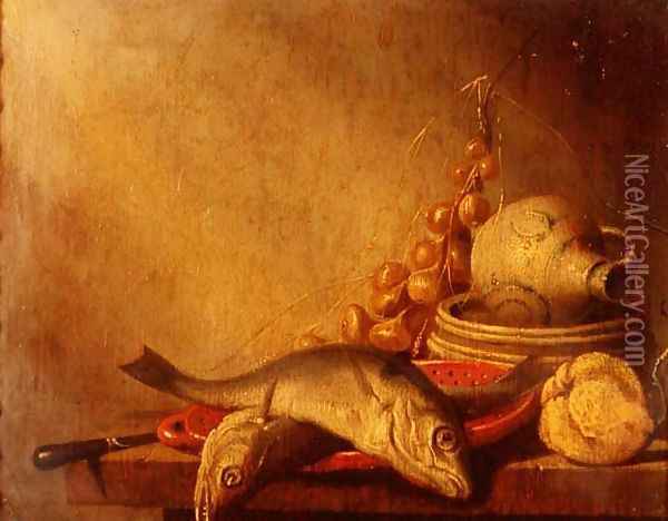 A pan of fish, a stoneware jug, onions and fruit Oil Painting - Harmen van Steenwyck