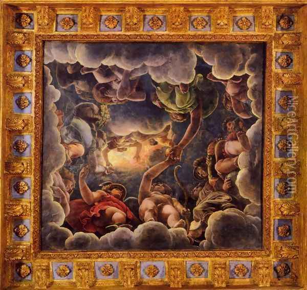 Vaulted ceiling (detail) 2 Oil Painting - Giulio Romano (Orbetto)