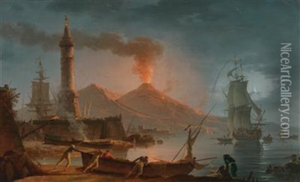 A Nocturnal View Of Mount Vesuvius Erupting Oil Painting - Charles Francois Lacroix