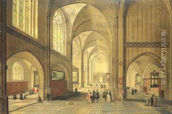The interior of a cathedral with elegant company, a service in progress in a side chapel 2 Oil Painting - Peeter, the Younger Neeffs