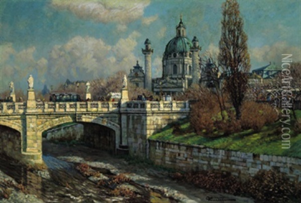 Blick Auf Die Karlskirche, Im Vordergrund Die Elisabethbrucke Oil Painting - Eduard Ameseder