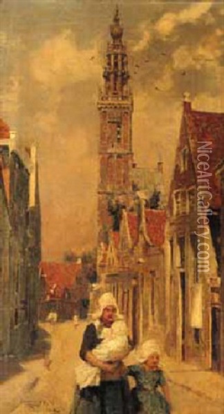 Figures In A Breton Town Oil Painting - Frederick Hall