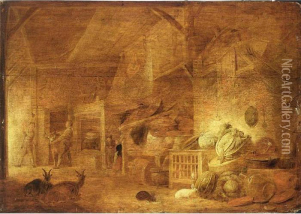 A Barn Still Life With Cabbages,
 Kitchen Utensils, Poultry In A Cage, Rabbits, Two Goats And Peasants In
 The Background Oil Painting - Frans, Francois Ryckhals