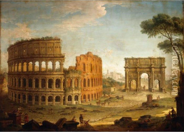 Rome, A View Of The Colosseum 
And The Arch Of Constantine With An Artist Sketching In The Foreground Oil Painting - Antonio Joli