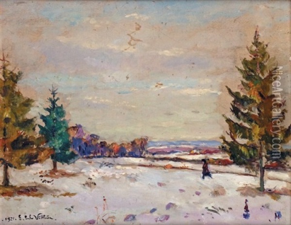 Neige Dans Le Parc De Salvar Dans La Nievre, 1921 Oil Painting - Emmanuel Victor Auguste Marie De La Villeon