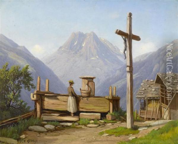 Valais Woman At A Well Before The Aiguilles Rouges Oil Painting - Jean Philippe George-Juillard