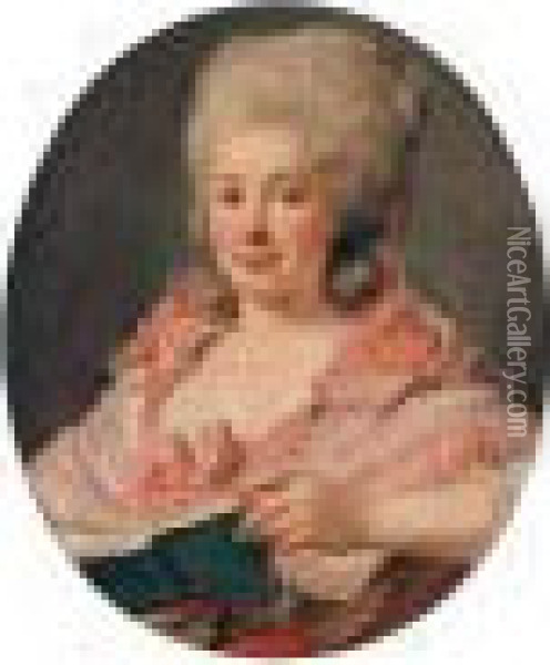 Portrait Of A Lady, Half Length, Wearing A Lace-trimmed Pink Dress And Holding A Book Oil Painting - Antoine Vestier