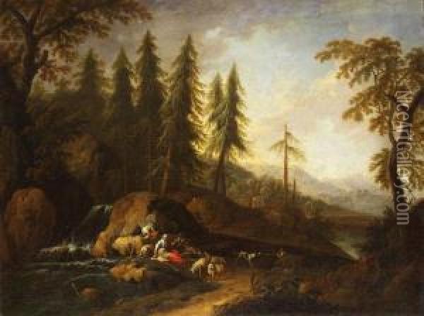 Umkreis - Schafer Am Wasserfall Oil Painting - Maximilian Joseph Schinnagl