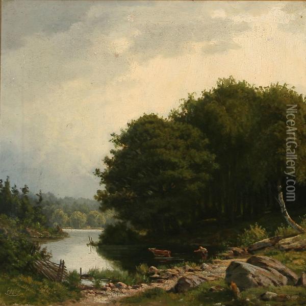 Forest Scene With A Lake Oil Painting - Edvard Michael Jensen