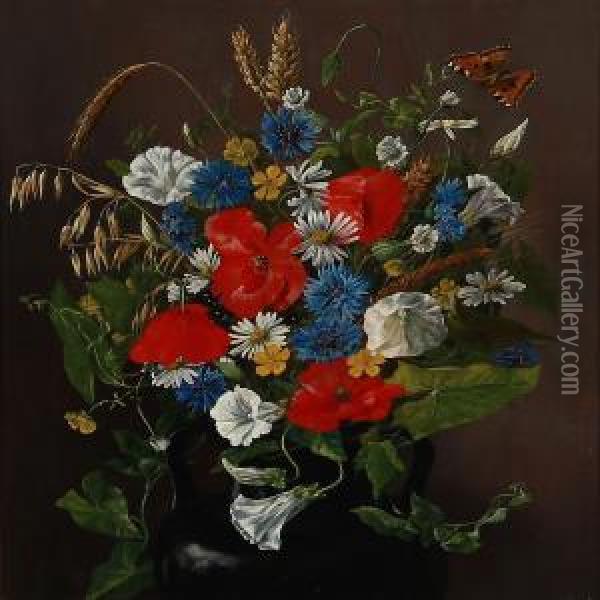 Still Life With Colourful Flowers In A Vase Oil Painting - Emma Mulvad