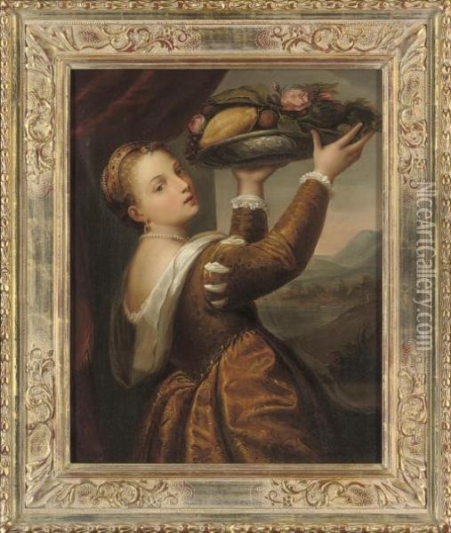 Portrait Of The Artist's 
Daughter, Lavinia, Half-length, Holding A Bowl Of Fruit And Flowers, In 
An Interior, A Landscape Beyond Oil Painting - Tiziano Vecellio (Titian)