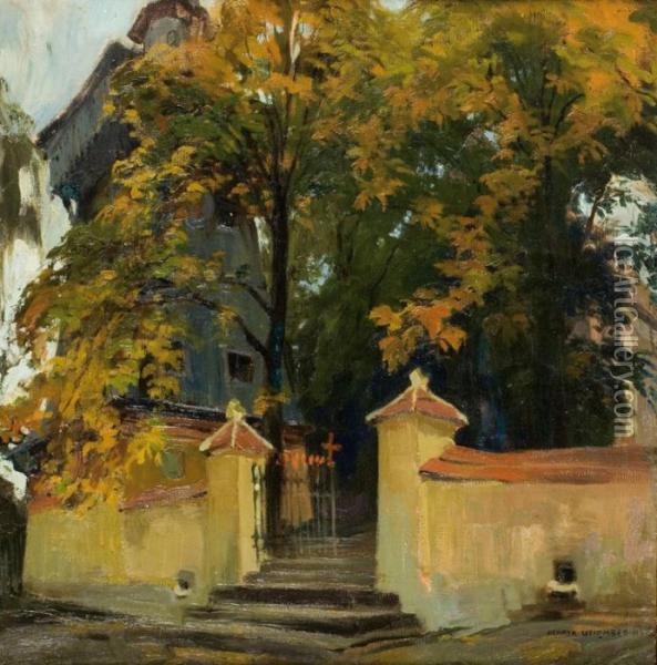 Brama Kosciola W Jesiennym Pejzazu Oil Painting - Henryk Uziemblo