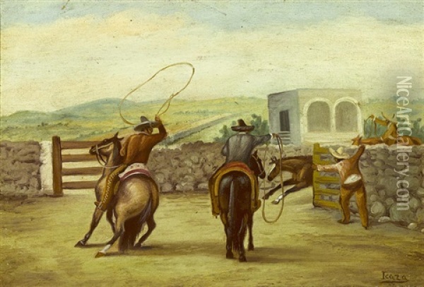 Vaqueros Roping A Horse Oil Painting - Ernesto Icaza