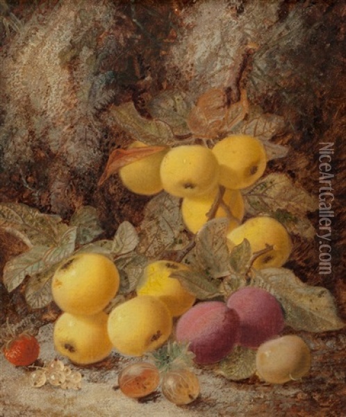 Still Life With Apples And Plums; Still Life With Various Fruits And A Basket Of Gooseb.. Oil Painting - Oliver Clare