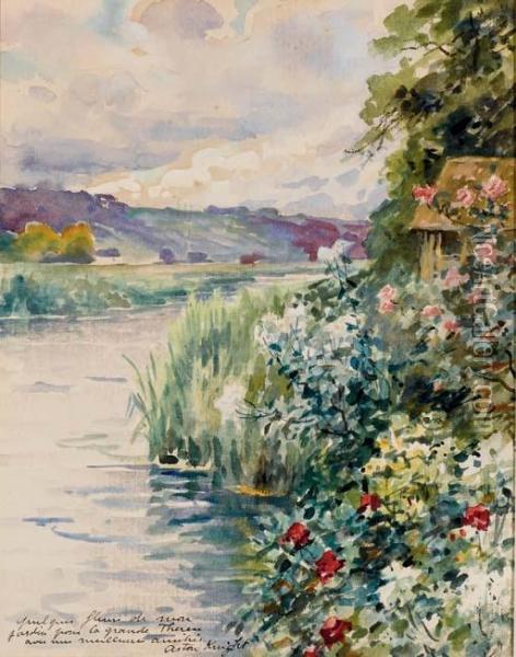 Fleurs Et Roseaux Au Bord D'une Riviere, Des Collines I L'arriere-plan Oil Painting - Louis Aston Knight