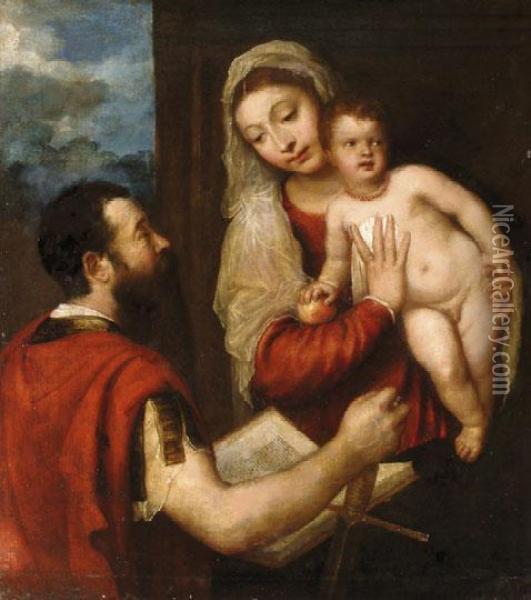 Maria Gyermekevel Es Egy Szent Pal Kepeben Megjeleno Donatorral Vedett - No Export Oil Painting - Tiziano Vecellio (Titian)