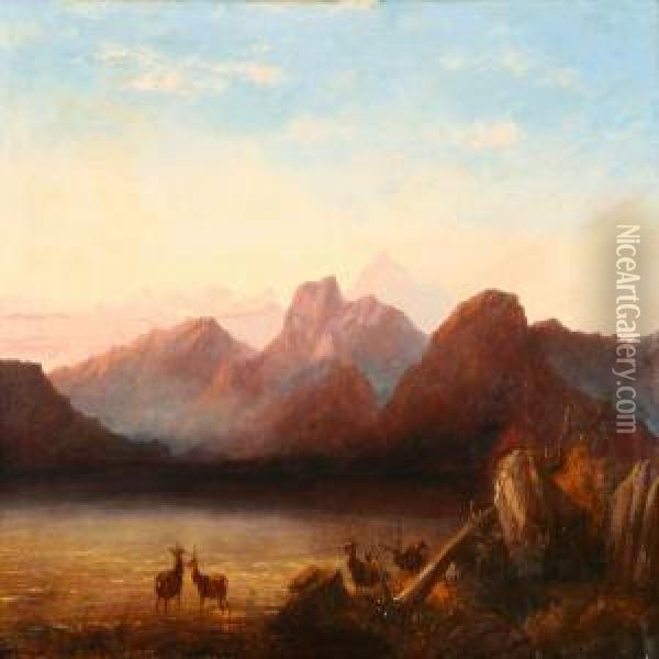 Mountainous Landscape With Deer At The Waters Edge Oil Painting - Robert Henry Roe