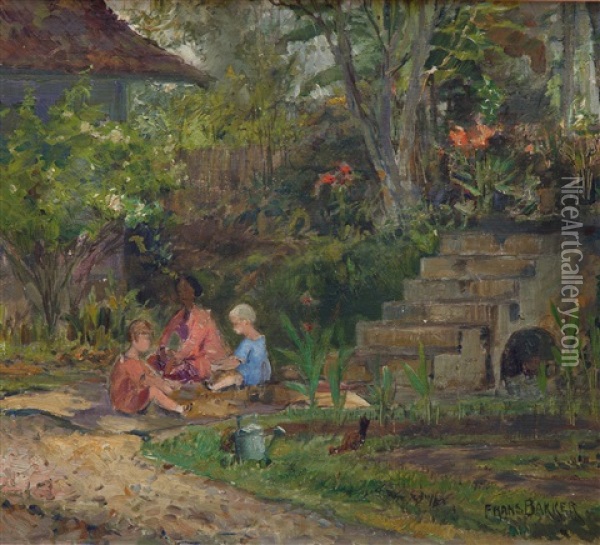 Children With Their Baboe In A Garden Oil Painting - Frans Bakker