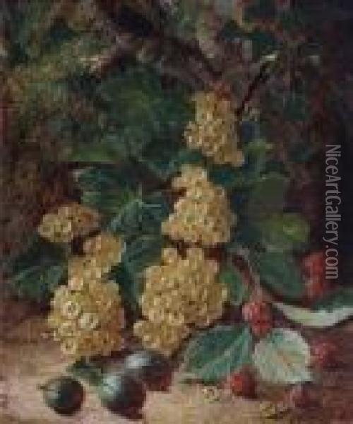 Whitecurrants, Raspberries And 
Gooseberriesagainst A Mossy Bank; Black Grapes, Raspberries, Greengages 
And Apeach Against A Bank Oil Painting - Oliver Clare