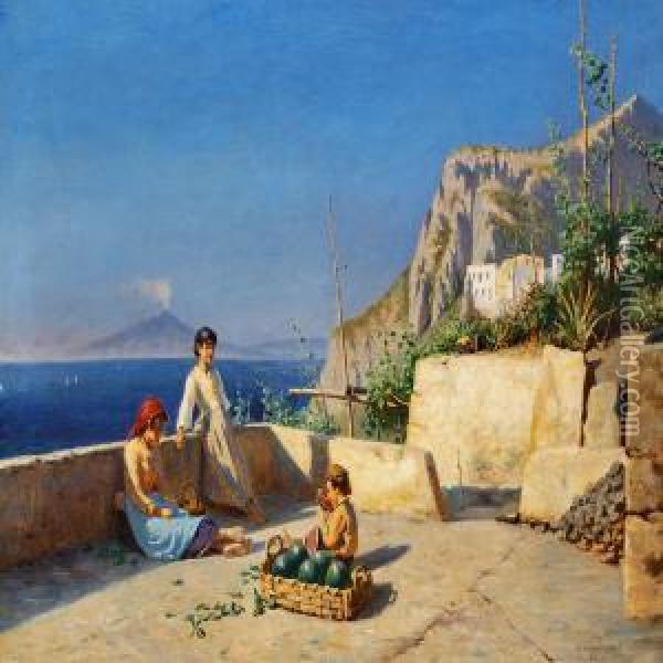 View Of Capri With Children Eating Fruit On A Terrace Oil Painting - Niels Frederik Schiottz-Jensen