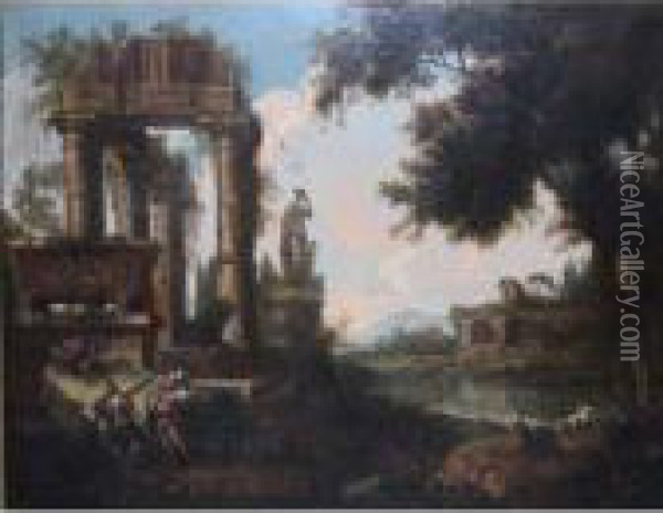 Landscape With Figures And Classical Ruins Oil Painting - Giovanni Niccolo Servandoni