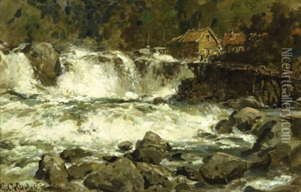 Steiniger Wasserfall An Oil Painting - Carl August H. Oesterley