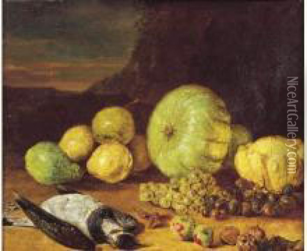 Nature Morte De Fruits Et Vanneau Huppe Dans Un Paysage Oil Painting - Dominique Pergault